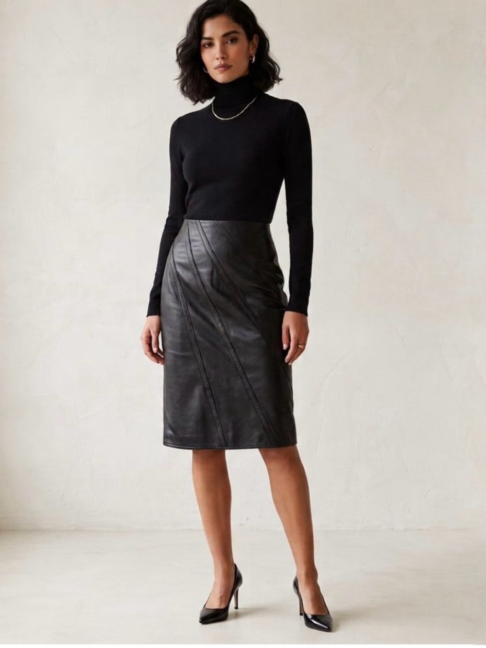 Vintage VAKKO Black Leather Pencil Skirt - Diagonal Paneled Stitched Midi